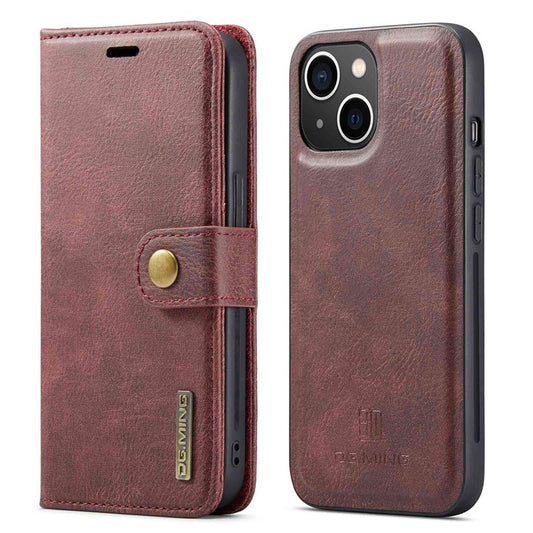 DG.MING For iPhone 14 6.1 inch Detachable Magnetic Case Split Leather Wallet Stand Shockproof  Flip Protective Cover - Red