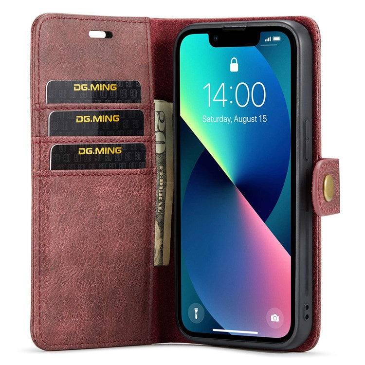 DG.MING For iPhone 14 6.1 inch Detachable Magnetic Case Split Leather Wallet Stand Shockproof  Flip Protective Cover - Red