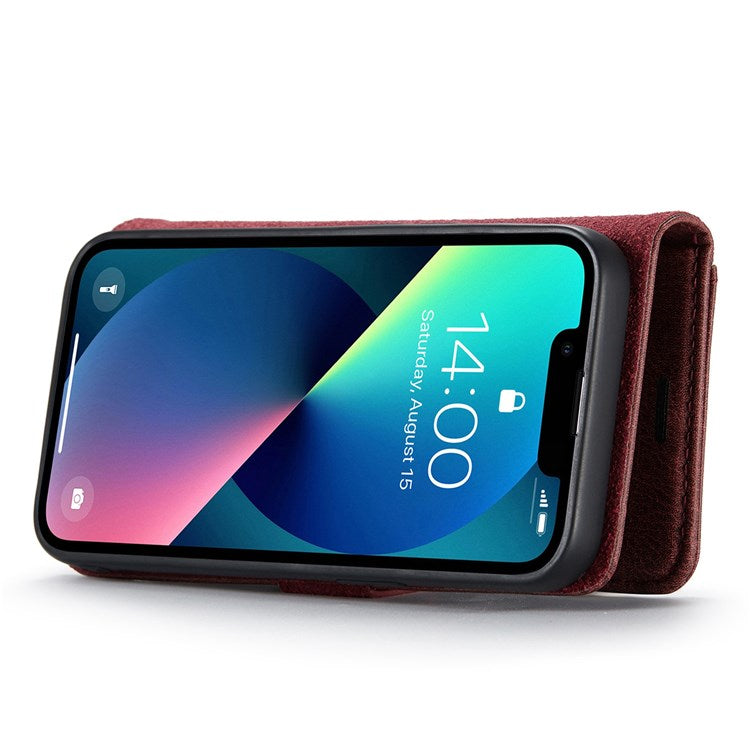 DG.MING For iPhone 14 6.1 inch Detachable Magnetic Case Split Leather Wallet Stand Shockproof  Flip Protective Cover - Red