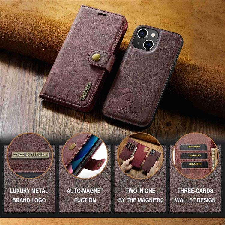 DG.MING For iPhone 14 6.1 inch Detachable Magnetic Case Split Leather Wallet Stand Shockproof  Flip Protective Cover - Red