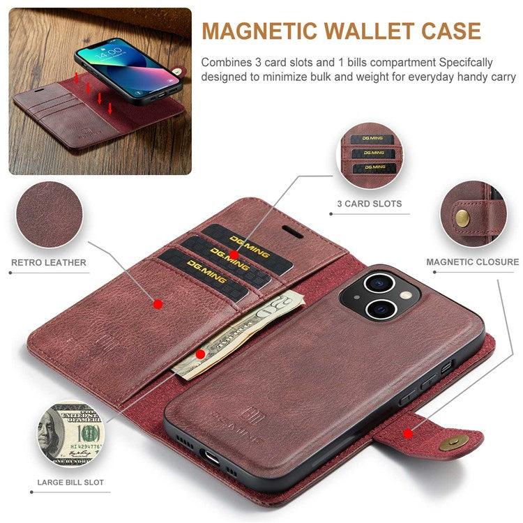 DG.MING For iPhone 14 6.1 inch Detachable Magnetic Case Split Leather Wallet Stand Shockproof  Flip Protective Cover - Red