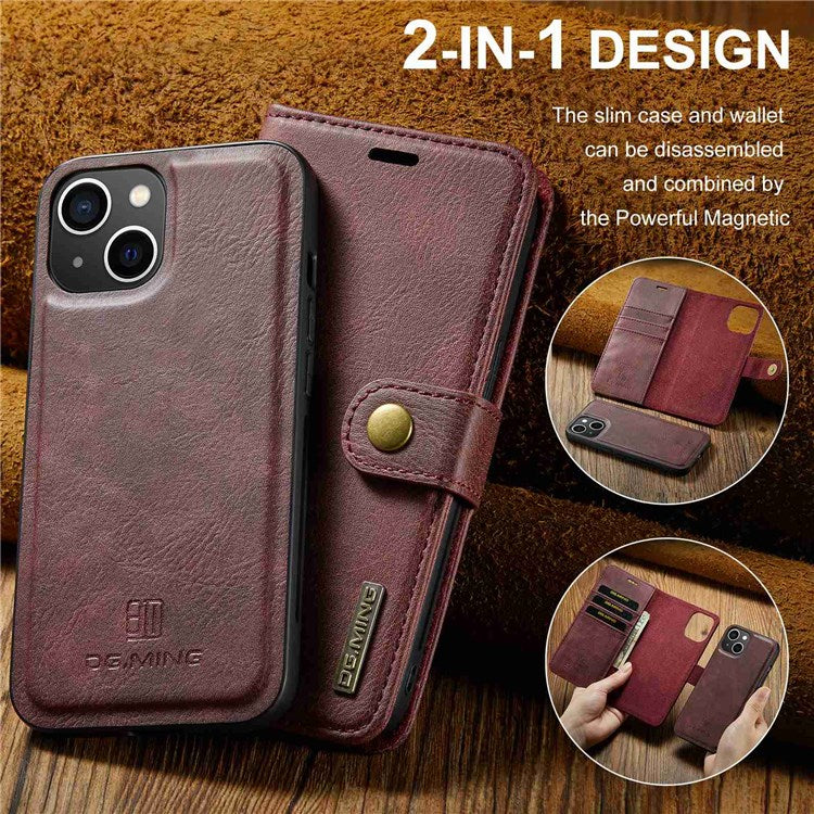 DG.MING For iPhone 14 6.1 inch Detachable Magnetic Case Split Leather Wallet Stand Shockproof  Flip Protective Cover - Red