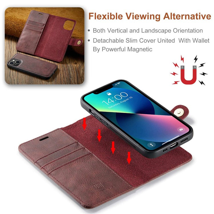 DG.MING For iPhone 14 6.1 inch Detachable Magnetic Case Split Leather Wallet Stand Shockproof  Flip Protective Cover - Red