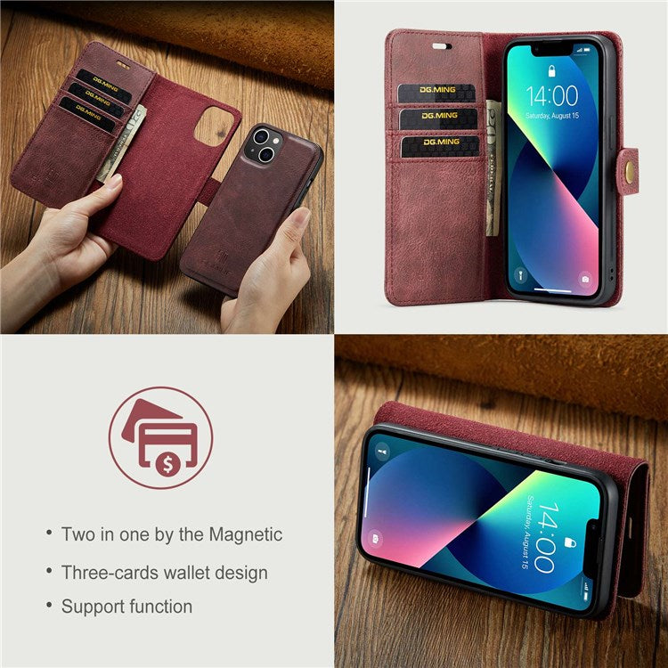 DG.MING For iPhone 14 6.1 inch Detachable Magnetic Case Split Leather Wallet Stand Shockproof  Flip Protective Cover - Red