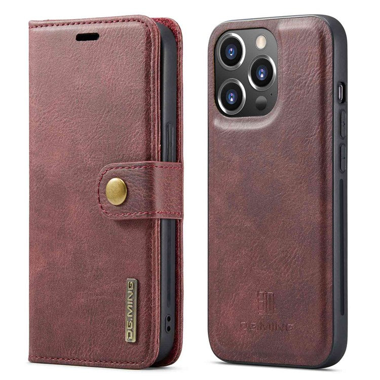 DG.MING For iPhone 14 Pro 6.1 inch 2-in-1 Detachable Cover Magnetic Absorption Stand Flip Folio Split Leather Wallet Case - Red
