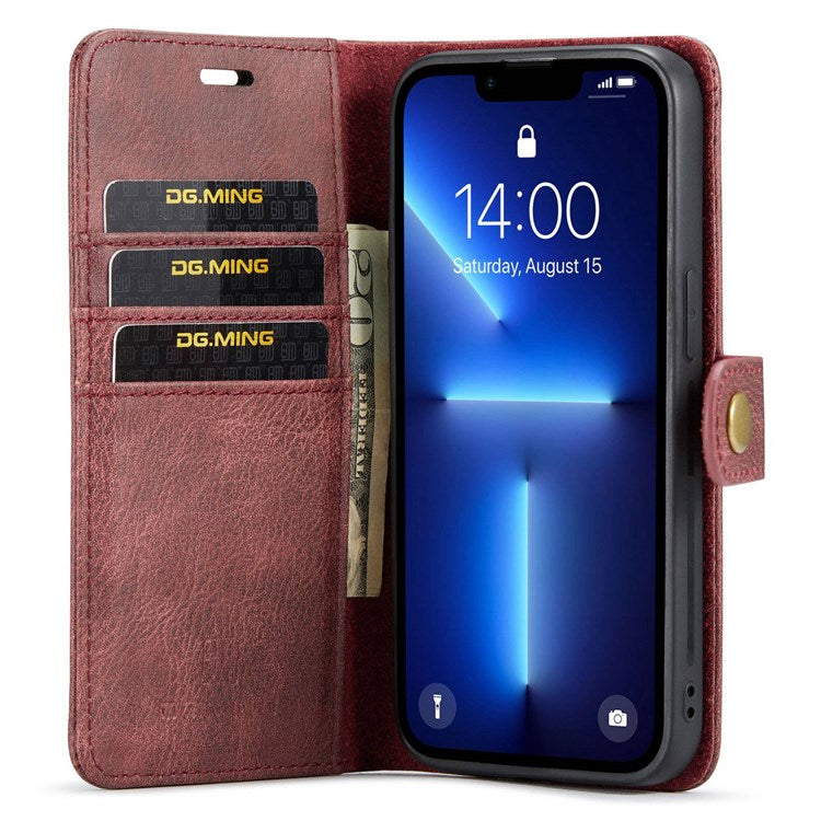 DG.MING For iPhone 14 Pro 6.1 inch 2-in-1 Detachable Cover Magnetic Absorption Stand Flip Folio Split Leather Wallet Case - Red