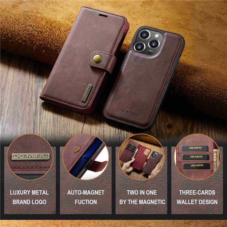 DG.MING For iPhone 14 Pro 6.1 inch 2-in-1 Detachable Cover Magnetic Absorption Stand Flip Folio Split Leather Wallet Case - Red