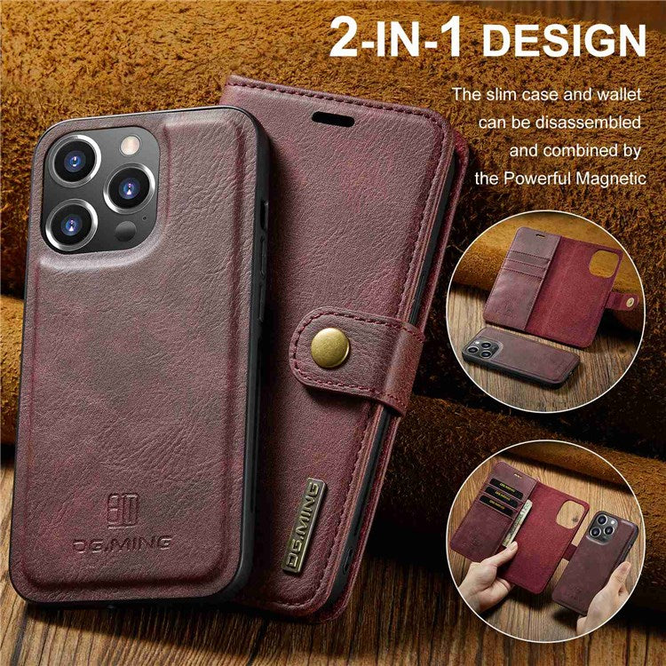 DG.MING For iPhone 14 Pro 6.1 inch 2-in-1 Detachable Cover Magnetic Absorption Stand Flip Folio Split Leather Wallet Case - Red