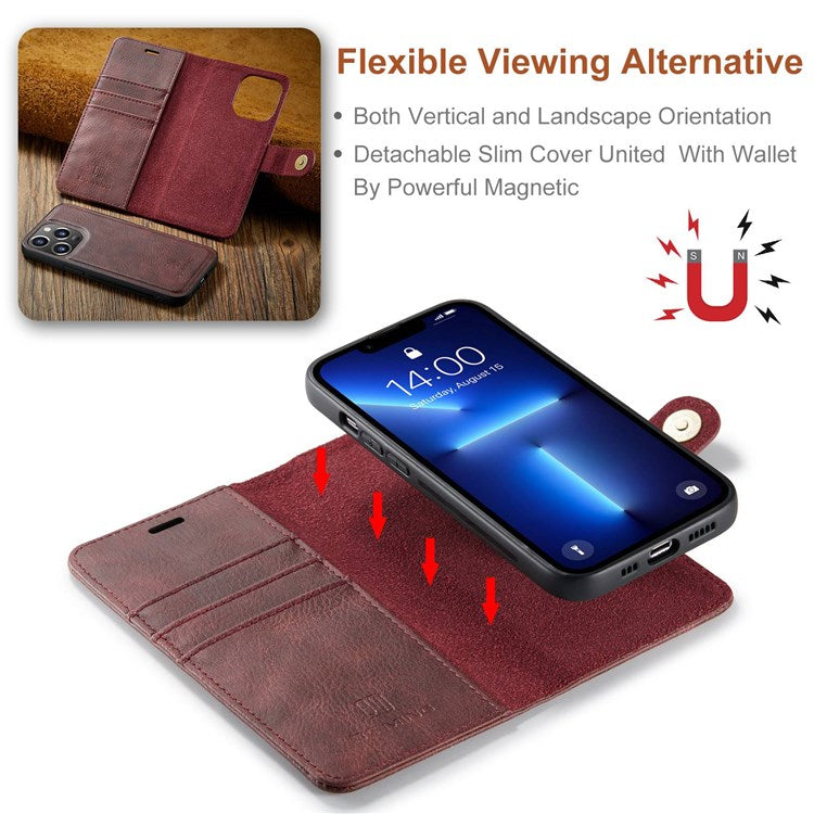 DG.MING For iPhone 14 Pro 6.1 inch 2-in-1 Detachable Cover Magnetic Absorption Stand Flip Folio Split Leather Wallet Case - Red
