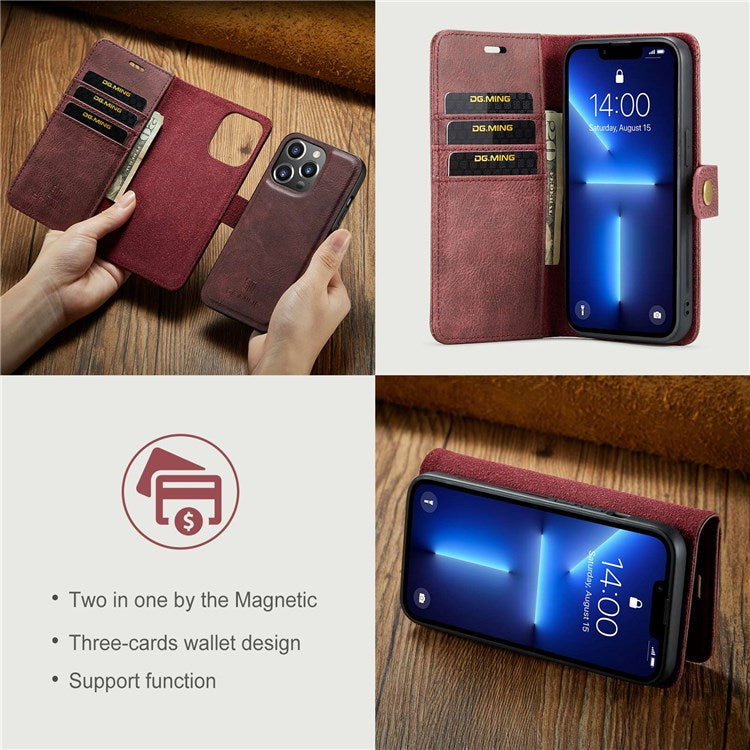 DG.MING For iPhone 14 Pro 6.1 inch 2-in-1 Detachable Cover Magnetic Absorption Stand Flip Folio Split Leather Wallet Case - Red
