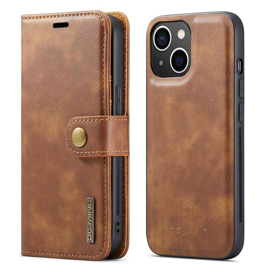 DG.MING For iPhone 14 Plus 6.7 inch Split Leather Magnetic Detachable Flip Case Stand Feature Purse Protection Wallet Cover - Brown