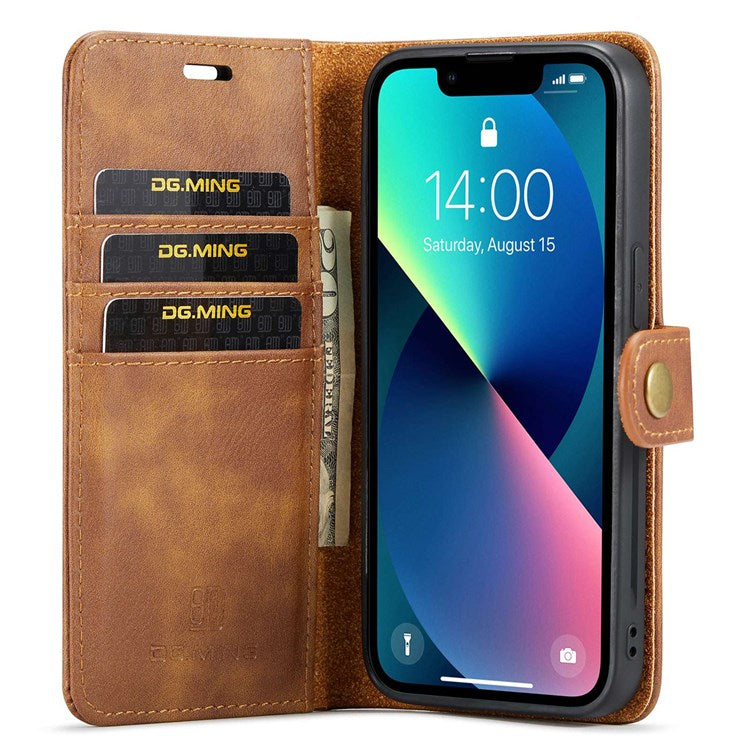 DG.MING For iPhone 14 Plus 6.7 inch Split Leather Magnetic Detachable Flip Case Stand Feature Purse Protection Wallet Cover - Brown