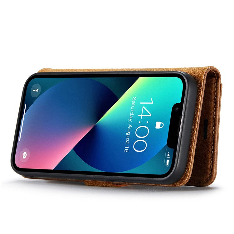 DG.MING For iPhone 14 Plus 6.7 inch Split Leather Magnetic Detachable Flip Case Stand Feature Purse Protection Wallet Cover - Brown