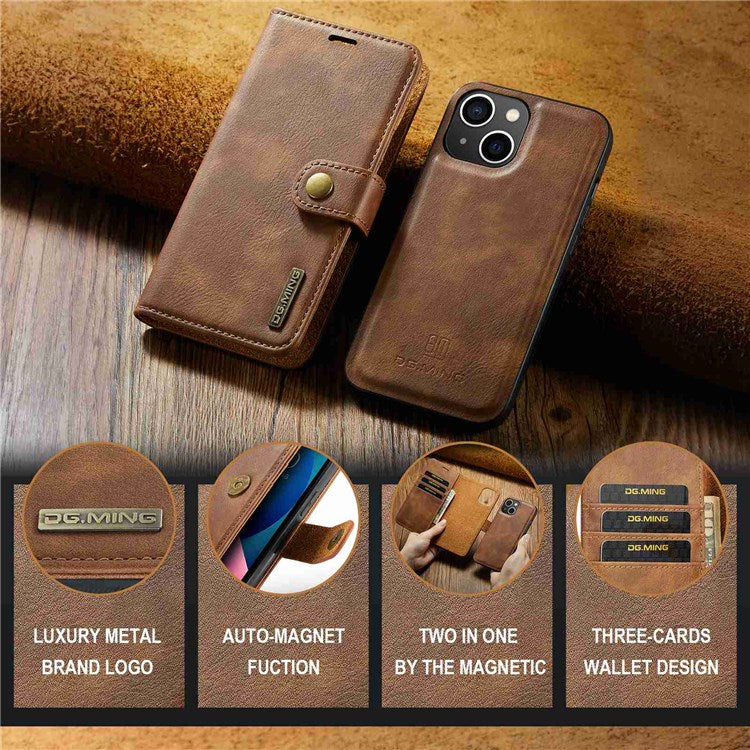 DG.MING For iPhone 14 Plus 6.7 inch Split Leather Magnetic Detachable Flip Case Stand Feature Purse Protection Wallet Cover - Brown