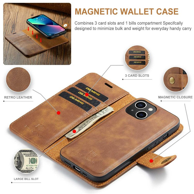 DG.MING For iPhone 14 Plus 6.7 inch Split Leather Magnetic Detachable Flip Case Stand Feature Purse Protection Wallet Cover - Brown
