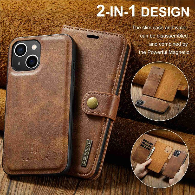 DG.MING For iPhone 14 Plus 6.7 inch Split Leather Magnetic Detachable Flip Case Stand Feature Purse Protection Wallet Cover - Brown
