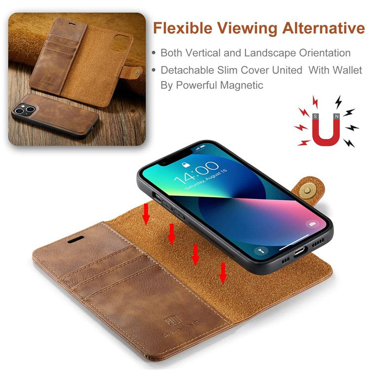 DG.MING For iPhone 14 Plus 6.7 inch Split Leather Magnetic Detachable Flip Case Stand Feature Purse Protection Wallet Cover - Brown