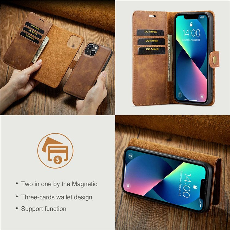 DG.MING For iPhone 14 Plus 6.7 inch Split Leather Magnetic Detachable Flip Case Stand Feature Purse Protection Wallet Cover - Brown