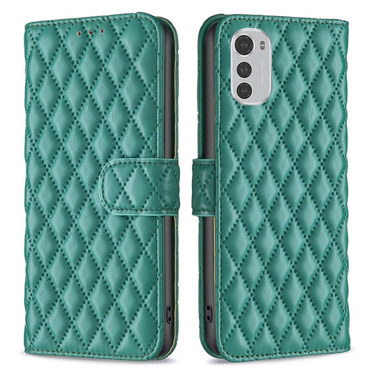 BINFEN COLOR For Motorola Moto E32 4G Matte PU Leather Wallet Case BF Style-14 Rhombus Pattern Imprinted Flip Stand Protective Cover - Green