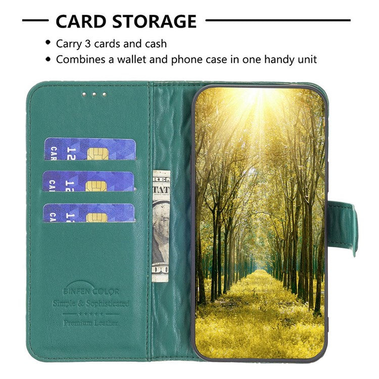 BINFEN COLOR For Motorola Moto E32 4G Matte PU Leather Wallet Case BF Style-14 Rhombus Pattern Imprinted Flip Stand Protective Cover - Green