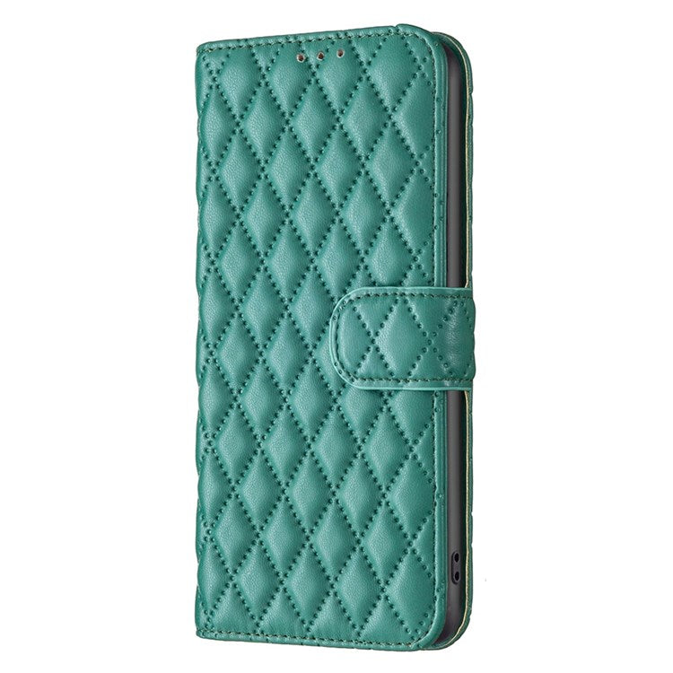 BINFEN COLOR For Motorola Moto E32 4G Matte PU Leather Wallet Case BF Style-14 Rhombus Pattern Imprinted Flip Stand Protective Cover - Green