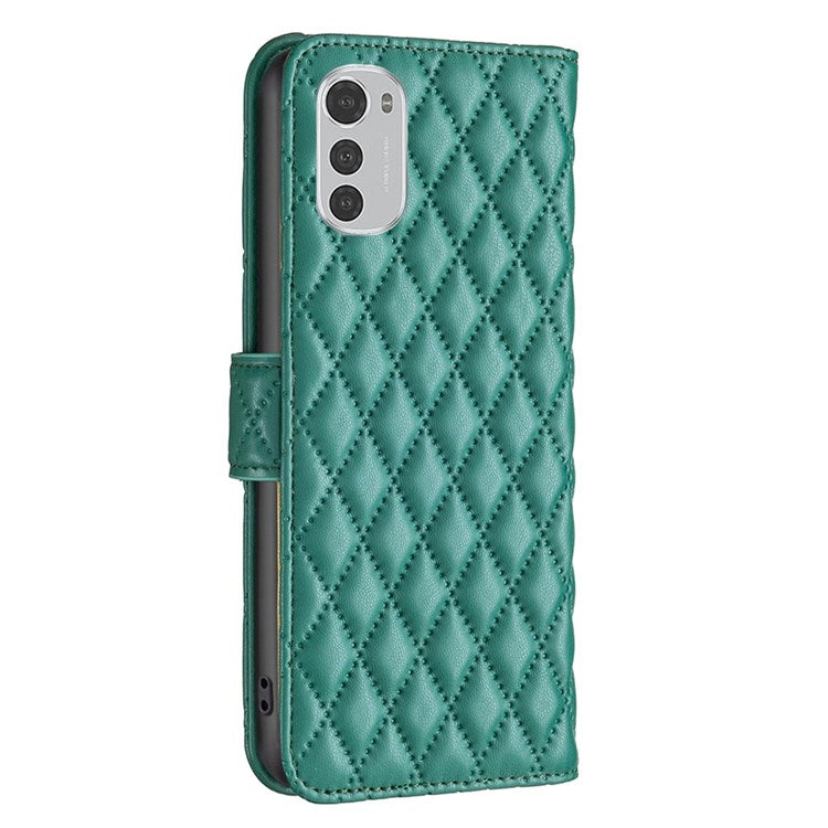 BINFEN COLOR For Motorola Moto E32 4G Matte PU Leather Wallet Case BF Style-14 Rhombus Pattern Imprinted Flip Stand Protective Cover - Green
