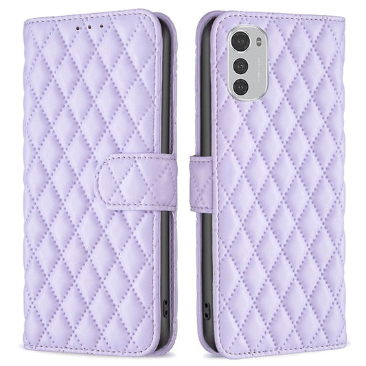 BINFEN COLOR For Motorola Moto E32 4G Matte PU Leather Wallet Case BF Style-14 Rhombus Pattern Imprinted Flip Stand Protective Cover - Purple