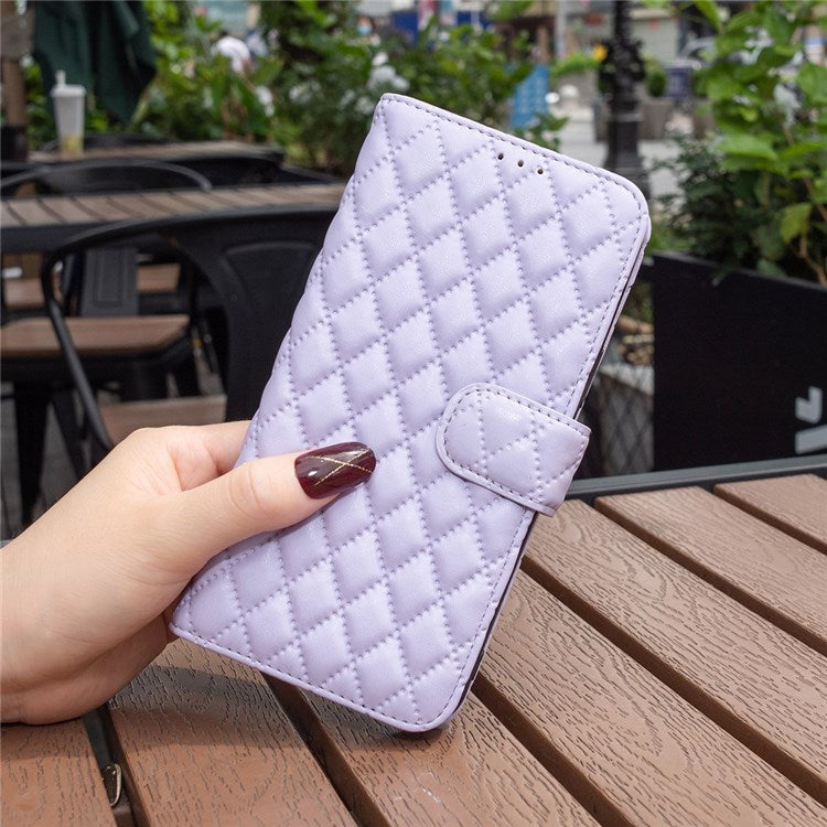 BINFEN COLOR For Motorola Moto E32 4G Matte PU Leather Wallet Case BF Style-14 Rhombus Pattern Imprinted Flip Stand Protective Cover - Purple