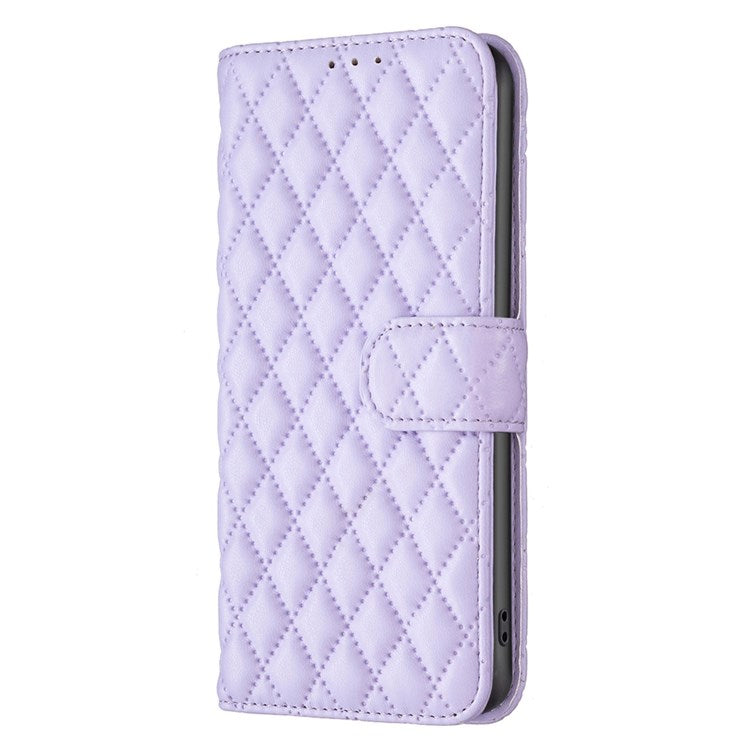 BINFEN COLOR For Motorola Moto E32 4G Matte PU Leather Wallet Case BF Style-14 Rhombus Pattern Imprinted Flip Stand Protective Cover - Purple