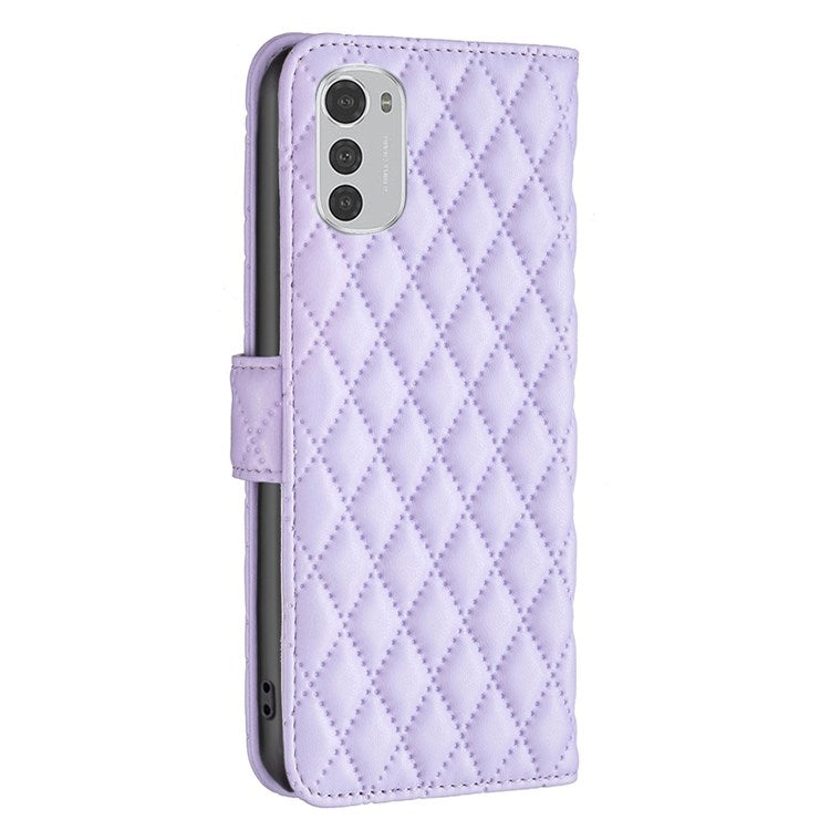 BINFEN COLOR For Motorola Moto E32 4G Matte PU Leather Wallet Case BF Style-14 Rhombus Pattern Imprinted Flip Stand Protective Cover - Purple