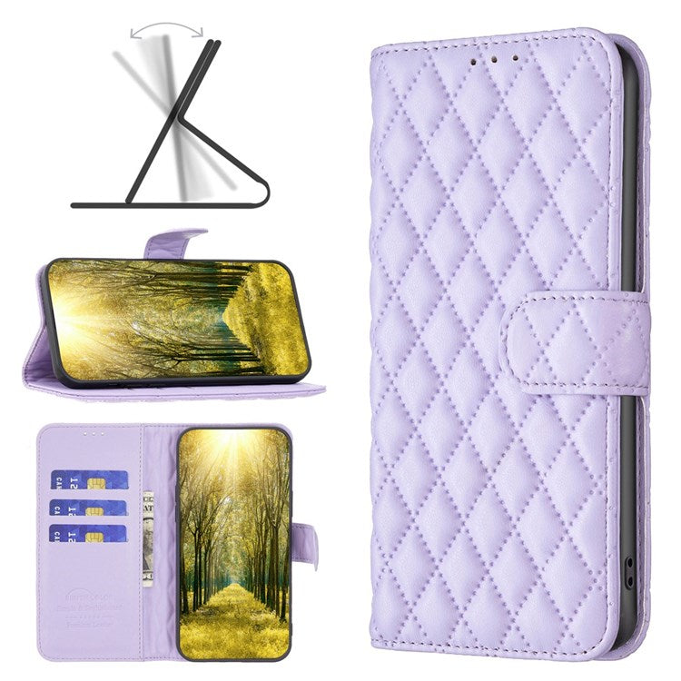 BINFEN COLOR For Motorola Moto E32 4G Matte PU Leather Wallet Case BF Style-14 Rhombus Pattern Imprinted Flip Stand Protective Cover - Purple
