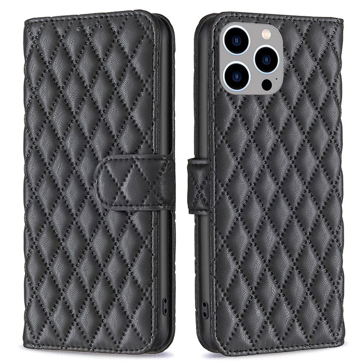 BINFEN COLOR For iPhone 14 Pro Max 6.7 inch BF Style-14 Matte PU Leather Imprinted Rhombus Pattern Case Stand Wallet Cellphone Guard Cover - Black