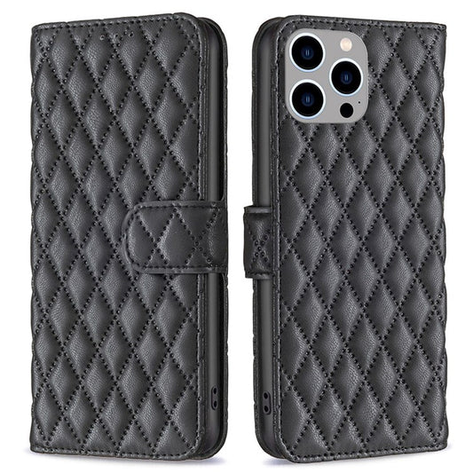 BINFEN COLOR For iPhone 14 Pro Max 6.7 inch BF Style-14 Matte PU Leather Imprinted Rhombus Pattern Case Stand Wallet Cellphone Guard Cover - Black