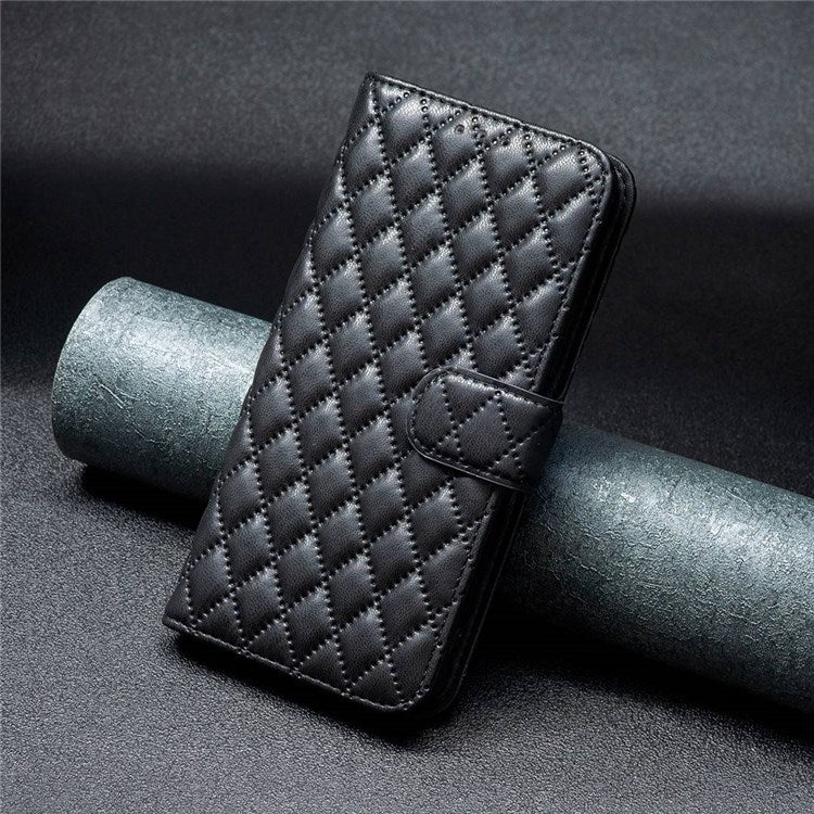 BINFEN COLOR For iPhone 14 Pro Max 6.7 inch BF Style-14 Matte PU Leather Imprinted Rhombus Pattern Case Stand Wallet Cellphone Guard Cover - Black