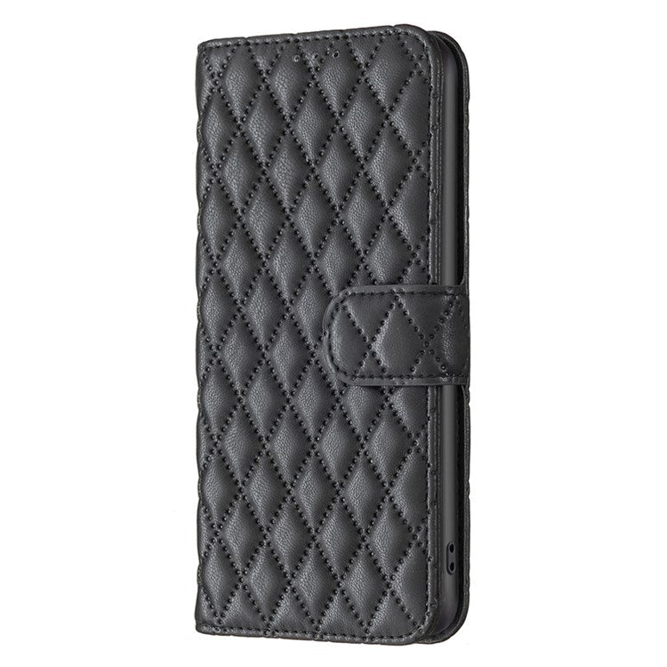 BINFEN COLOR For iPhone 14 Pro Max 6.7 inch BF Style-14 Matte PU Leather Imprinted Rhombus Pattern Case Stand Wallet Cellphone Guard Cover - Black