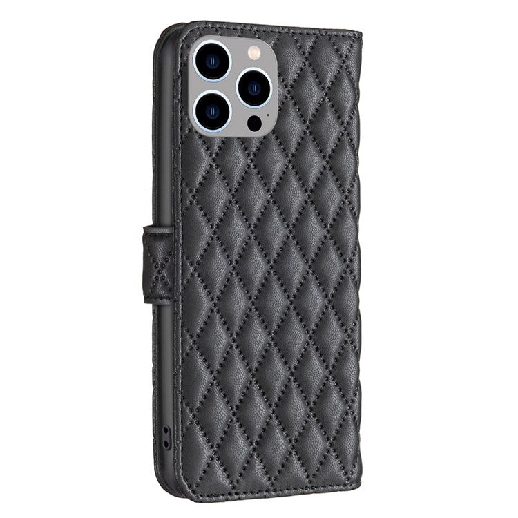 BINFEN COLOR For iPhone 14 Pro Max 6.7 inch BF Style-14 Matte PU Leather Imprinted Rhombus Pattern Case Stand Wallet Cellphone Guard Cover - Black