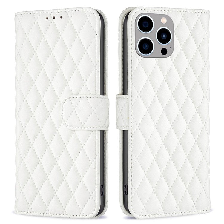 BINFEN COLOR For iPhone 14 Pro Max 6.7 inch BF Style-14 Matte PU Leather Imprinted Rhombus Pattern Case Stand Wallet Cellphone Guard Cover - White