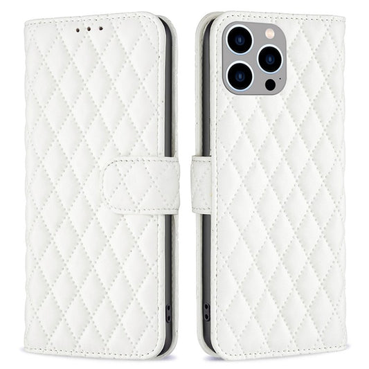 BINFEN COLOR For iPhone 14 Pro Max 6.7 inch BF Style-14 Matte PU Leather Imprinted Rhombus Pattern Case Stand Wallet Cellphone Guard Cover - White