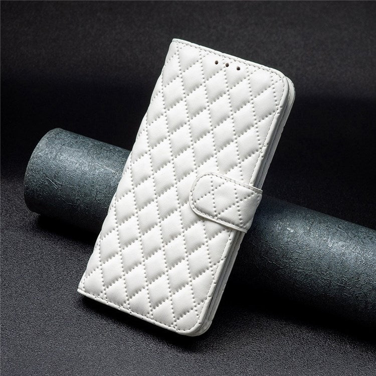 BINFEN COLOR For iPhone 14 Pro Max 6.7 inch BF Style-14 Matte PU Leather Imprinted Rhombus Pattern Case Stand Wallet Cellphone Guard Cover - White