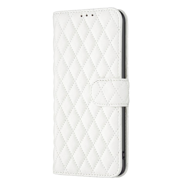 BINFEN COLOR For iPhone 14 Pro Max 6.7 inch BF Style-14 Matte PU Leather Imprinted Rhombus Pattern Case Stand Wallet Cellphone Guard Cover - White
