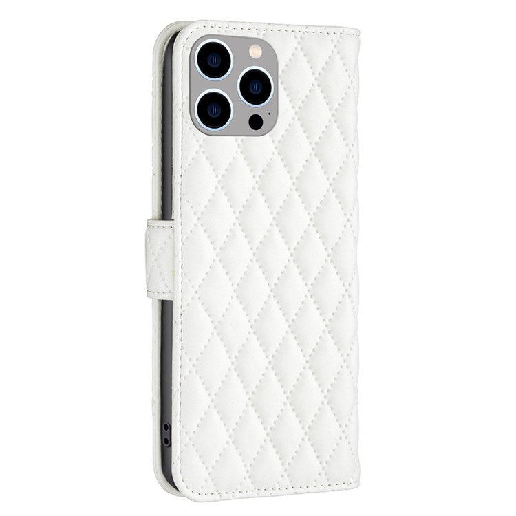 BINFEN COLOR For iPhone 14 Pro Max 6.7 inch BF Style-14 Matte PU Leather Imprinted Rhombus Pattern Case Stand Wallet Cellphone Guard Cover - White
