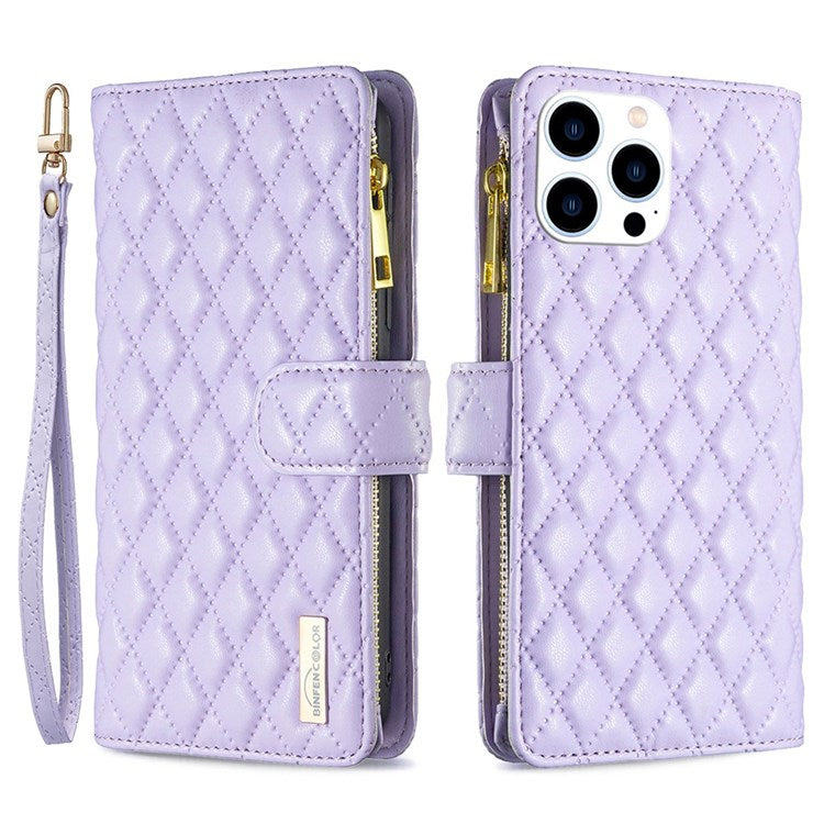 BINFEN COLOR for iPhone 14 Pro 6.1 inch BF Style-15 Zipper Pocket Imprinted Rhombus Pattern Case Drop Resistant Flip Stand Matte PU Leather Wallet Cover - Purple