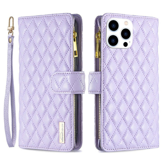 BINFEN COLOR for iPhone 14 Pro 6.1 inch BF Style-15 Zipper Pocket Imprinted Rhombus Pattern Case Drop Resistant Flip Stand Matte PU Leather Wallet Cover - Purple