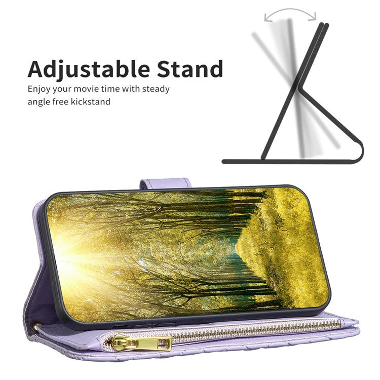 BINFEN COLOR for iPhone 14 Pro 6.1 inch BF Style-15 Zipper Pocket Imprinted Rhombus Pattern Case Drop Resistant Flip Stand Matte PU Leather Wallet Cover - Purple