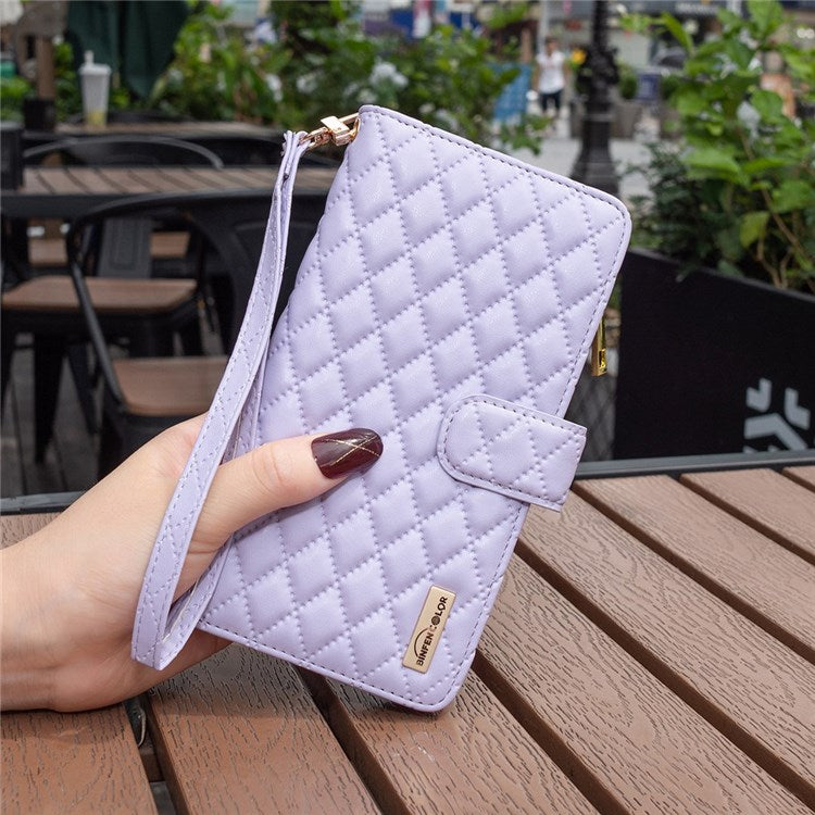 BINFEN COLOR for iPhone 14 Pro 6.1 inch BF Style-15 Zipper Pocket Imprinted Rhombus Pattern Case Drop Resistant Flip Stand Matte PU Leather Wallet Cover - Purple