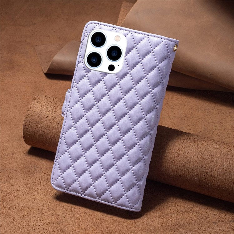 BINFEN COLOR for iPhone 14 Pro 6.1 inch BF Style-15 Zipper Pocket Imprinted Rhombus Pattern Case Drop Resistant Flip Stand Matte PU Leather Wallet Cover - Purple