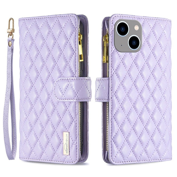 BINFEN COLOR for iPhone 14 Plus 6.7 inch BF Style-15 Anti-fall Zipper Pocket Imprinted Rhombus Pattern Case Flip Stand Matte PU Leather Wallet Cover - Purple