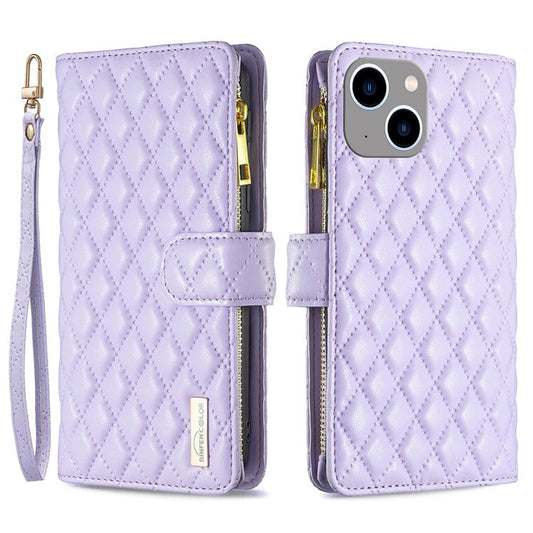 BINFEN COLOR for iPhone 14 Plus 6.7 inch BF Style-15 Anti-fall Zipper Pocket Imprinted Rhombus Pattern Case Flip Stand Matte PU Leather Wallet Cover - Purple