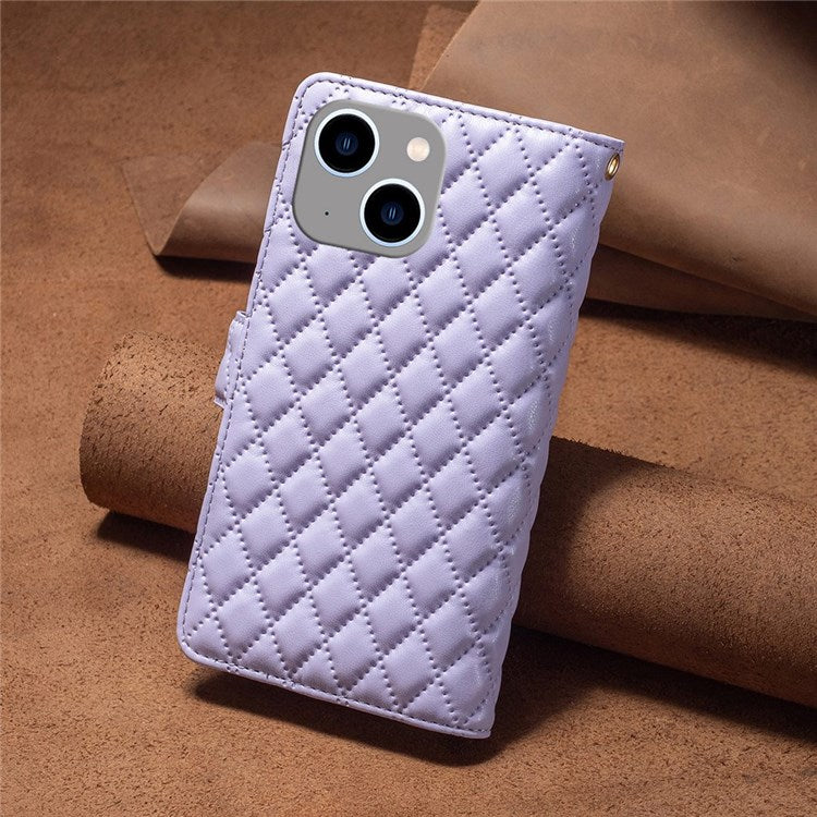 BINFEN COLOR for iPhone 14 Plus 6.7 inch BF Style-15 Anti-fall Zipper Pocket Imprinted Rhombus Pattern Case Flip Stand Matte PU Leather Wallet Cover - Purple