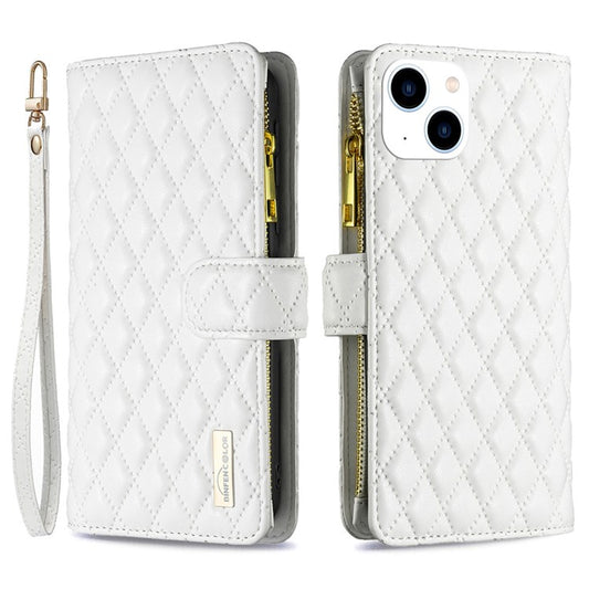 BINFEN COLOR for iPhone 14 6.1 inch BF Style-15 Zipper Pocket Imprinted Rhombus Pattern Case Flip Stand Matte PU Leather Wallet Cover - White